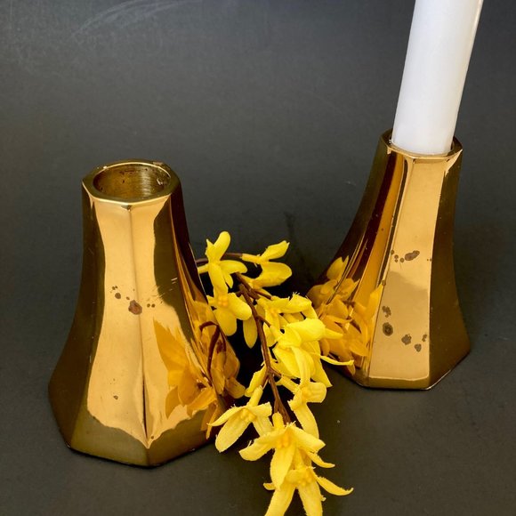 MCM Taper Candlestick Holders of Heavy Polished Brass Minimalistic Danish Design - Picture 5 of 16